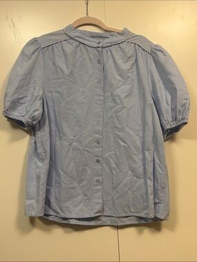 Pretty Garden Light Blue Button-Back Puff Sleeve Cotton Blouse L